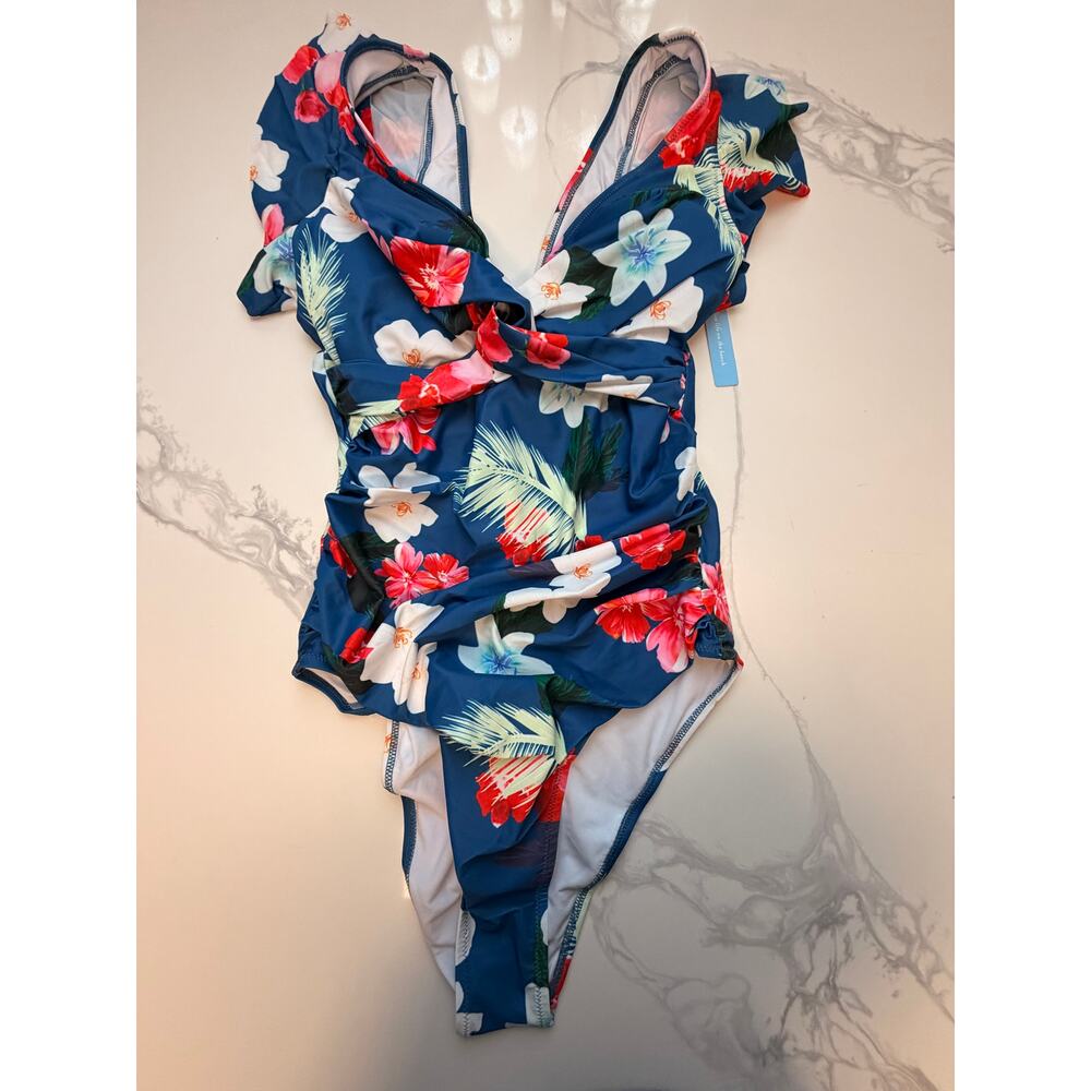 Women’s XXL Tropical Floral One Piece Swimsuit Blue Hawaiian NWT